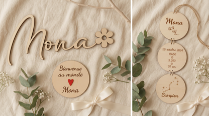 coffret de naissance personnalisé : Prénom en bois se terminant par une fleur, carte bienvenue au monde bébé avec son prénom, suspension de 3 disques en bois avec les informations de naissance du bébé. Les cadeaux personnalisés en bois sont posés sur un drap en lin prêt de feuillages et de ruban