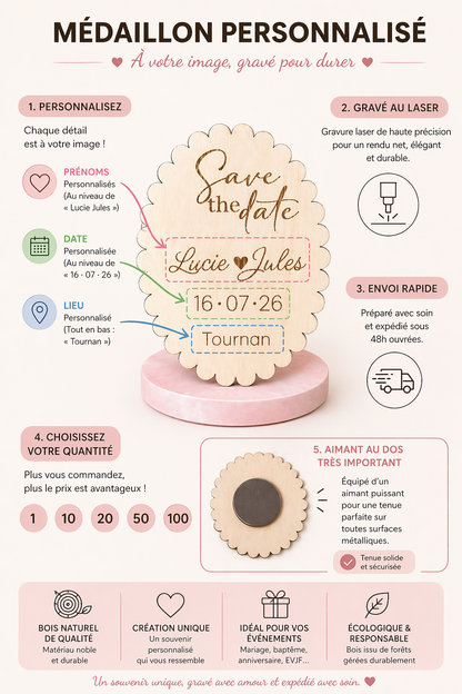 Save the date mariage personnalisé en bois aimanté – Invitation mariage originale & souvenir invité