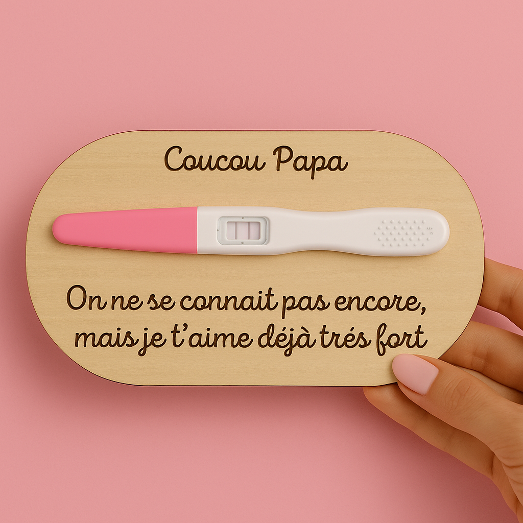 annonce grossesse coucou papa personnalisé avec un message gravé "on ne se connait pas encore, mais je t'aime déjà très fort" et test de grossesse collé, mur rose poudré, carte tenue par une main féminine