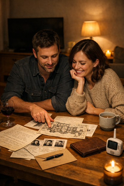 un couple est en train de jouer à un escape game sur une table en bois avec tisane et vin sur la table ainsi que un babyphone et une bougie; la télé est éteinte, ils essayent de résoudre un mystère