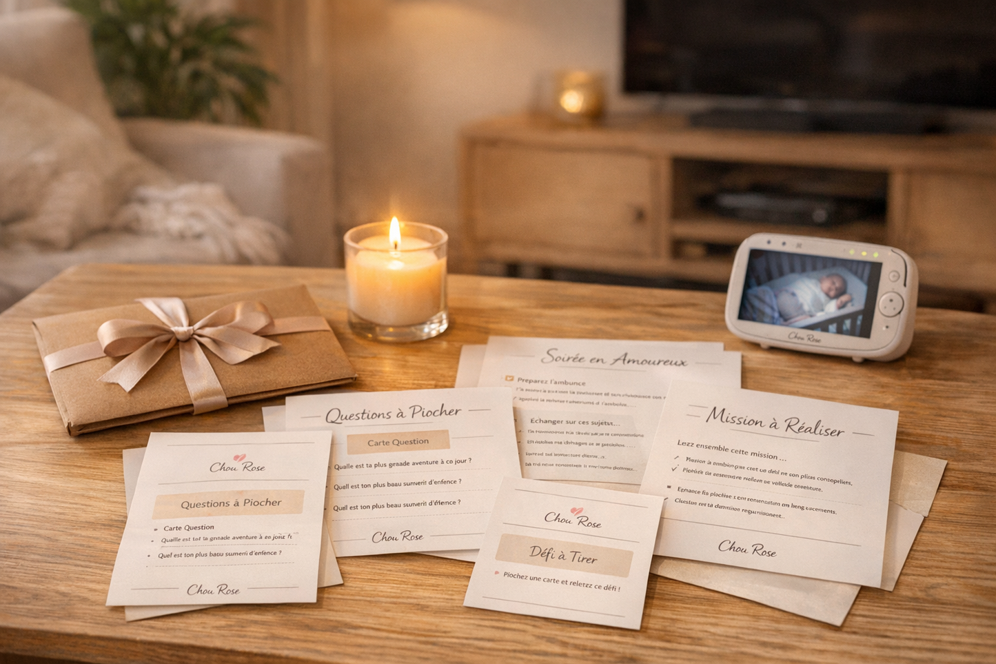 templates téléchargés et imprimés pour soirée en amoureux. babyphone allumé et posé sur la table<; la télé est éteinte. bougie allumées 