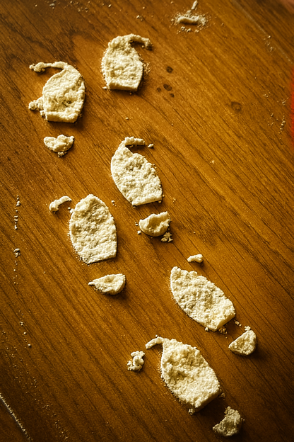 Traces de pas de lutin réalisées avec un pochoir et de la farine, déposées sur un sol en bois.