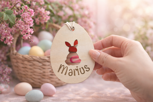 Étiquette de Pâques personnalisée en bois avec prénom Marius, forme œuf avec lapin ajouré, tenue à la main devant un panier avec œufs pastel et fleurs roses, idée cadeau enfant chasse aux œufs