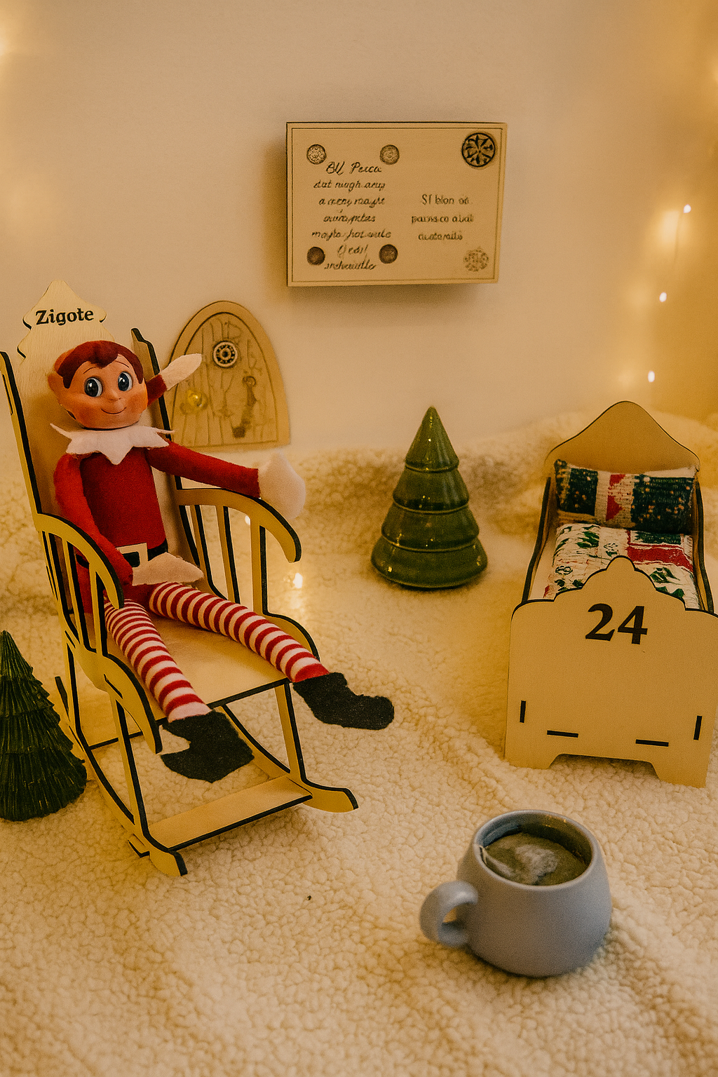 Lutin farceur installé dans un rocking chair en bois gravé “Zigoto”, devant une petite porte magique et un panneau miniature. À côté, un lit de lutin en bois et une tasse de tisane complètent la scène féérique sur une couverture en sherpa