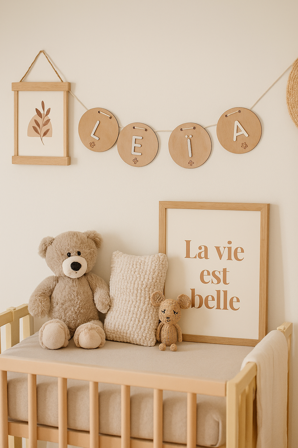 guirlande de disques suspendue au dessus d'un lit de bébé avec une lettre fixée sur chaque disque pour former le prénom Leia