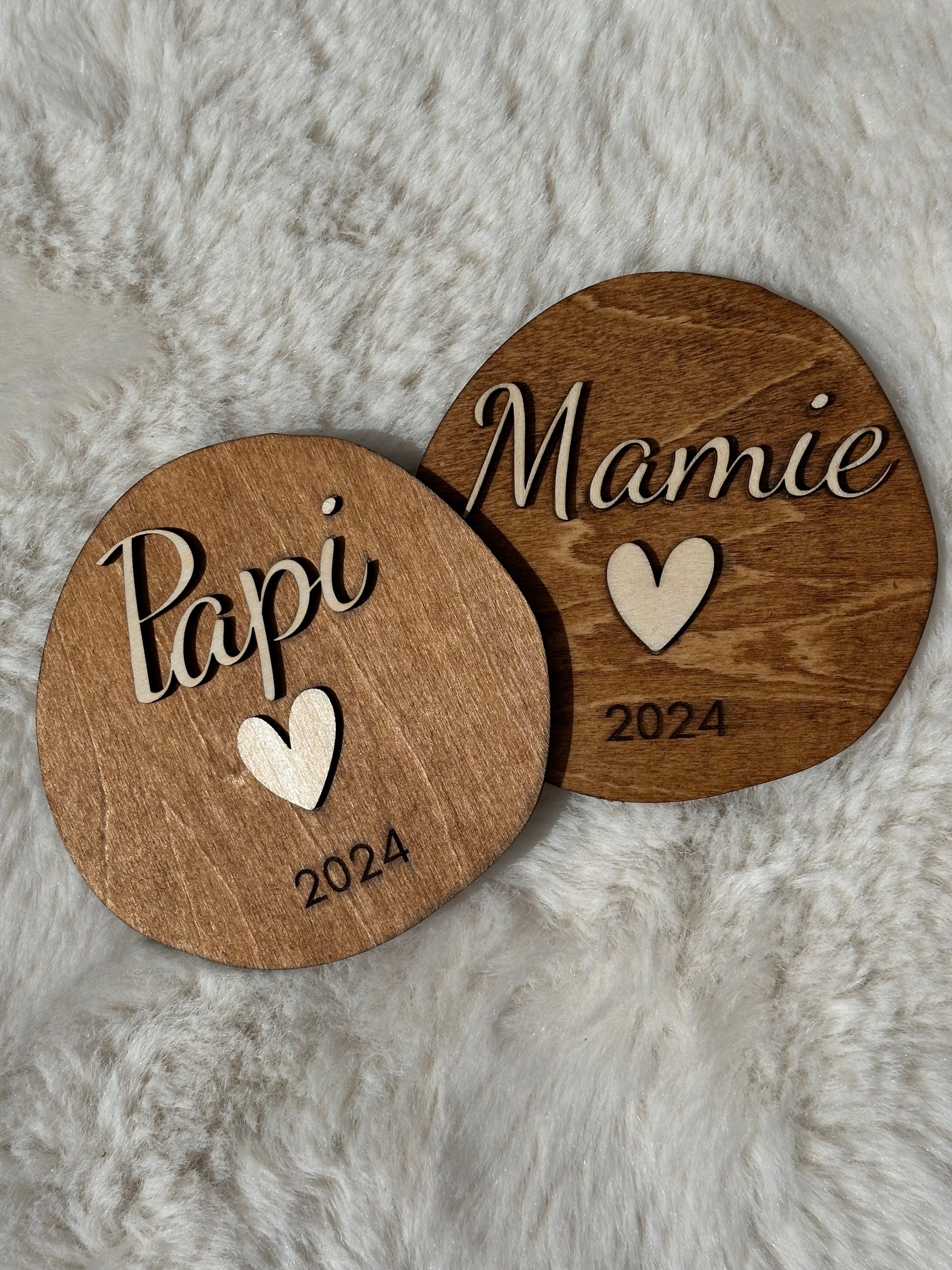 cartes annonce grossesse en bois. 1 Papi et 1 Mamie