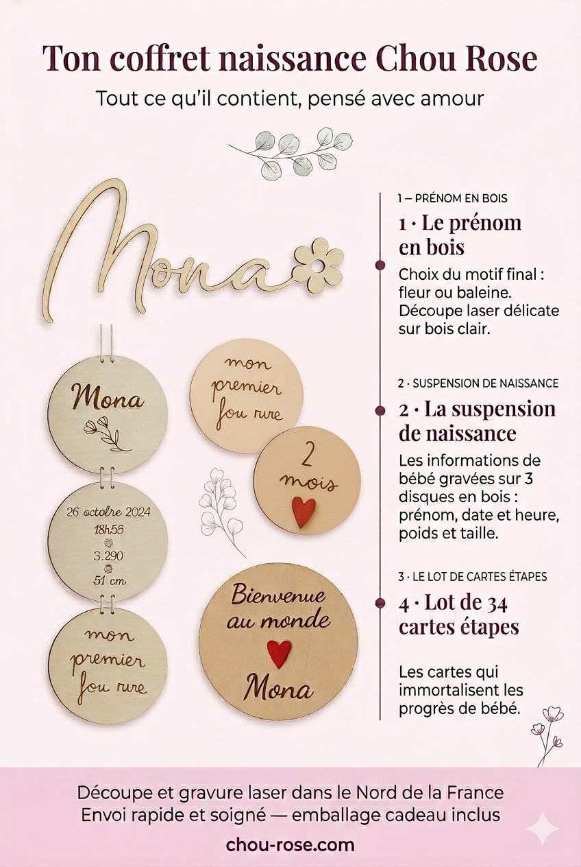 Coffret Cadeau de naissance original — Prénom & suspension en bois personnalisés (Copie)