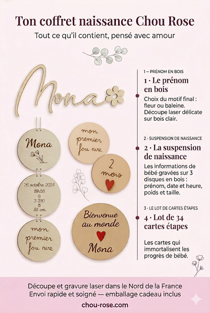 Coffret Cadeau de naissance original — Prénom & suspension en bois personnalisés (Copie)