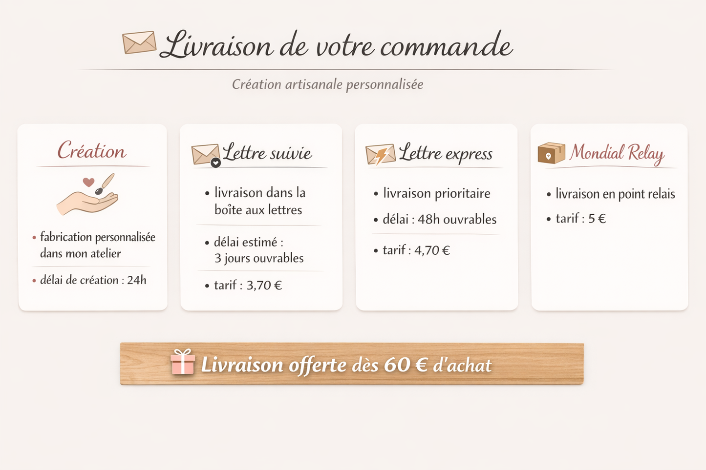 infographie sur délais de traitement et délais de livraison de la création chou rose : la création est réalisée sous 24h. 3 options de livraison : la lettre suivie en 3 jours à 3euros70, la lettre suivie express sous 48H à 4euros70, en Mondial Relay à 5 euros et livraison offerte dès 60 euros