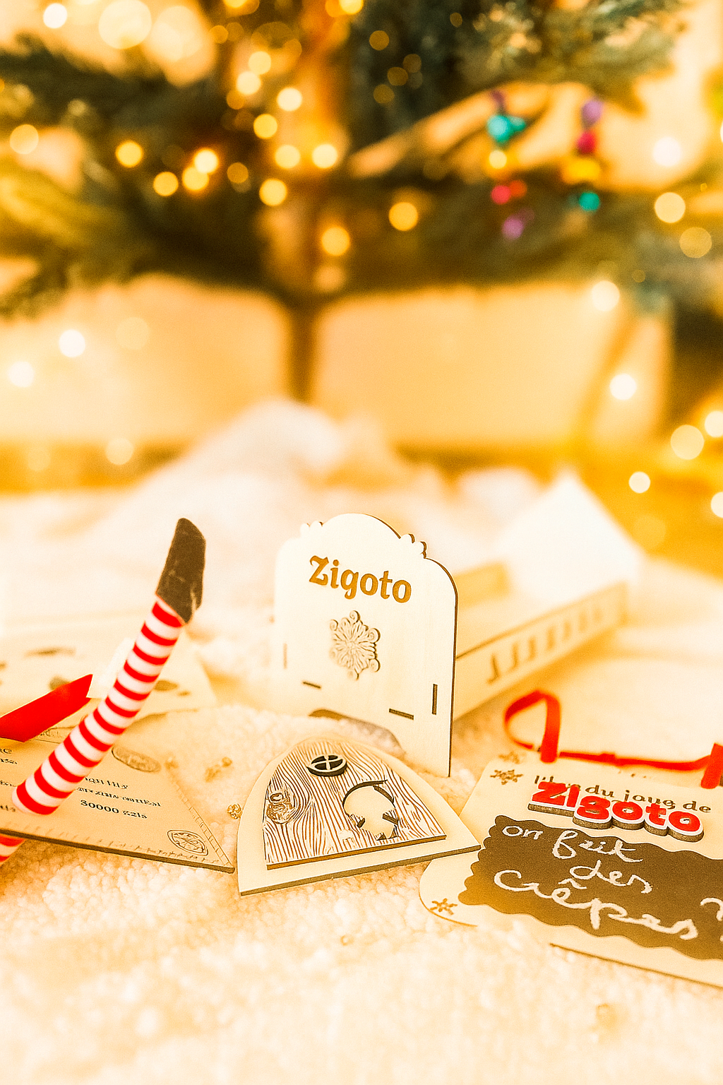 une lettre personnalisée avec encoches dans lesquelles les bras et jambes du lutin sont glissées, une pancarte à message avec une ardoise et le prénom du lutin, une porte de lutin farceur, un lit en kit pour lutin personnalisé et un pochoir d'empreintes de pas d'elfes