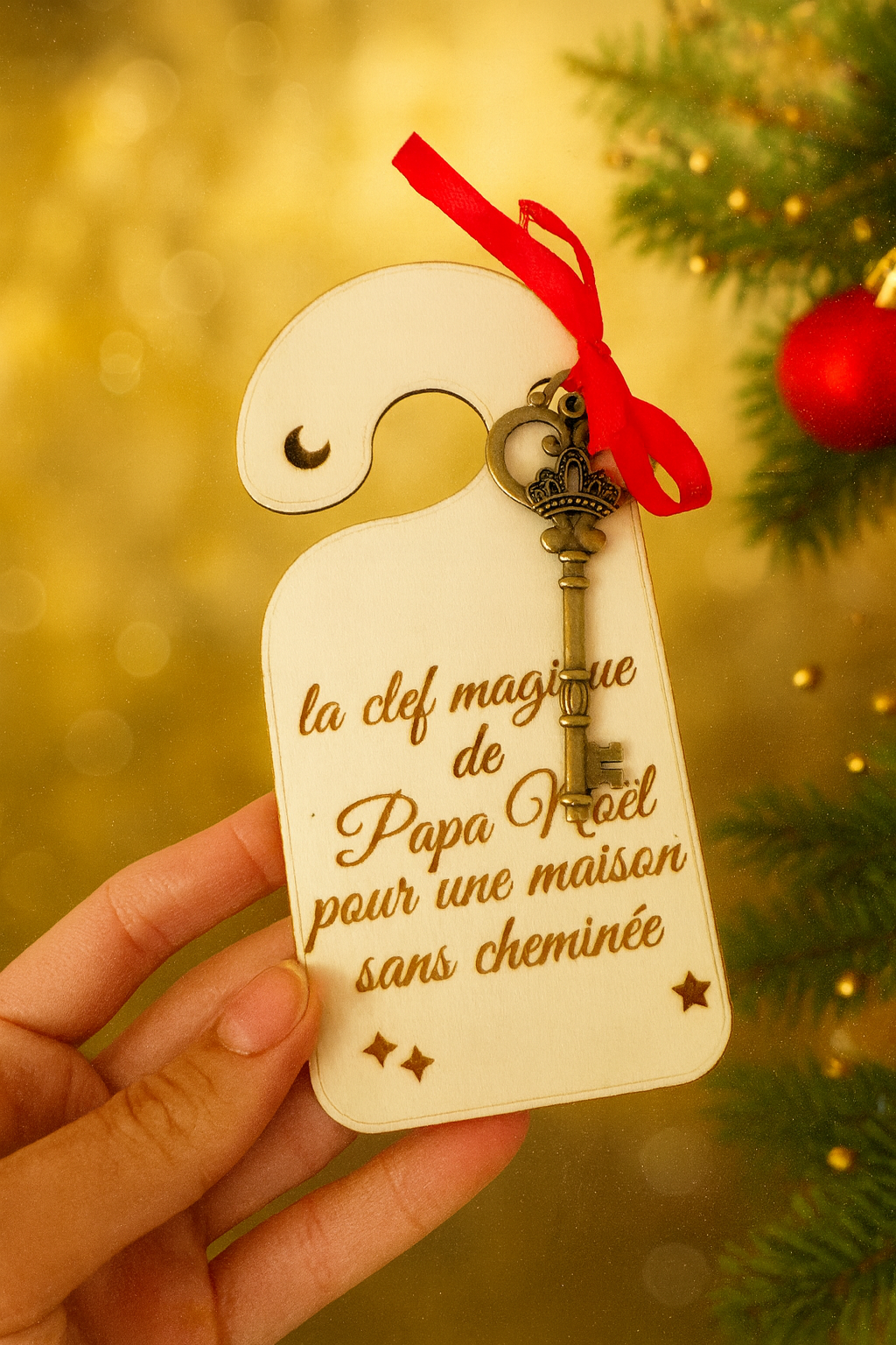 Clé magique de Papa Noël en bois, tenue en main, décorée d’un ruban rouge et d’une clé dorée, pour les maisons sans cheminée, sur fond de sapin et lumières de Noël.
