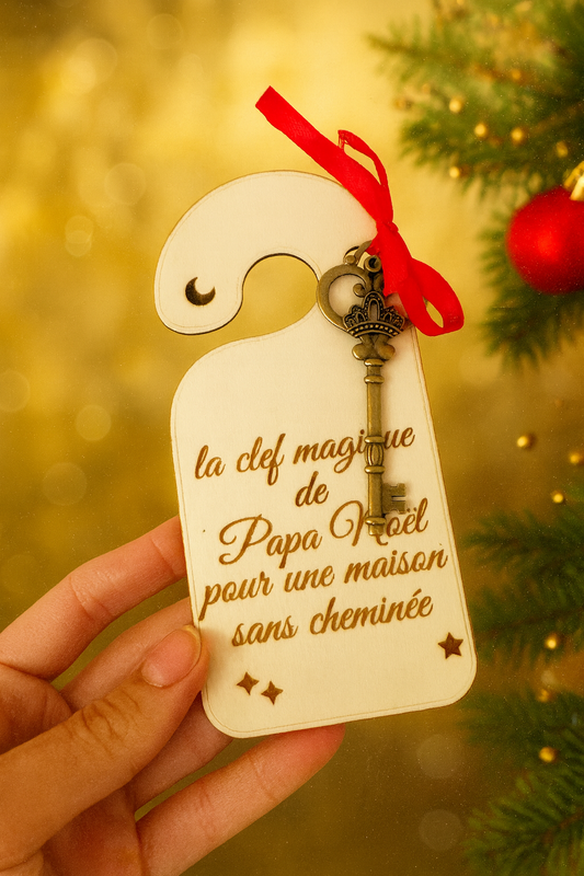 Clé magique de Papa Noël en bois, tenue en main, décorée d’un ruban rouge et d’une clé dorée, pour les maisons sans cheminée, sur fond de sapin et lumières de Noël.