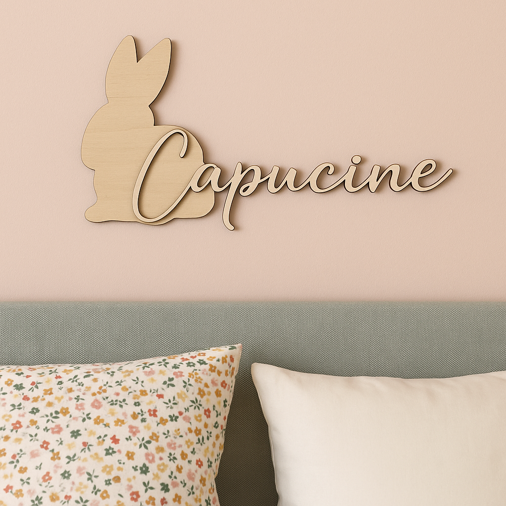 prénom en bois sur silhouette de lapin, comme décoration murale bébé.
prénom Capucine découpé finement
et gravée au laser dans du bois naturel. Le prénom est peint puis fixé en relief 3D, apportant élégance, douceur et modernité à votre décoration.

