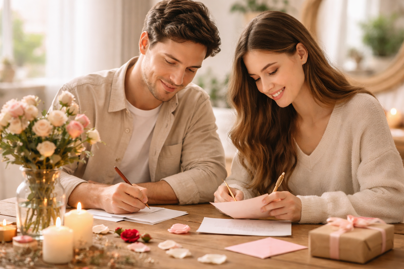 un couple écrit une lettre d'amour sur une table en bois, il y a des fleurs et des bougies