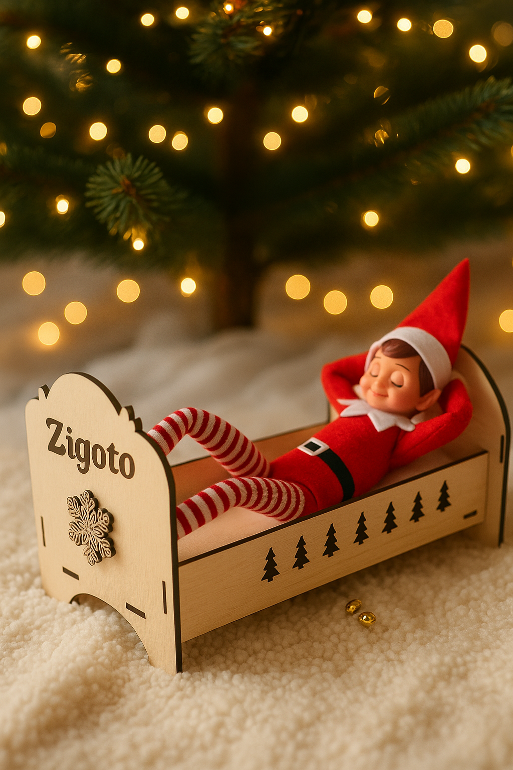lit du lutin farceur personnalisé avec  prénom du lutin farceur "zygote" et un lutin endormi posé dans le lit monté en kit