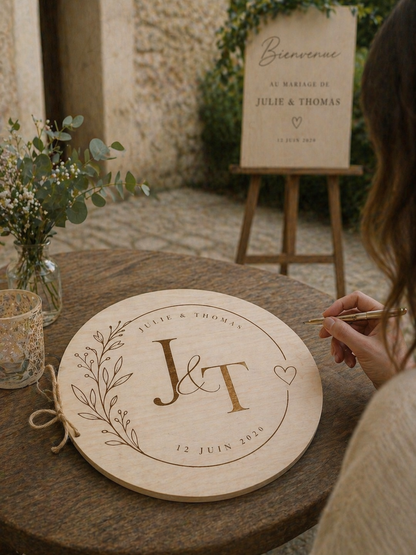 livre d'or en bois gravé avec les initiales, les prénoms des mariés et la date du mariage. le livre d'or personnalisé est rond est relié par une cordelette. il est posé sur une table rond (mange debout) décoré de fleurs, on aperçoit en arrière plan une cour en pierre et un panneau de bienvenue au mariage de Julie & Thomas, une personne de dos a un stylo dans la main