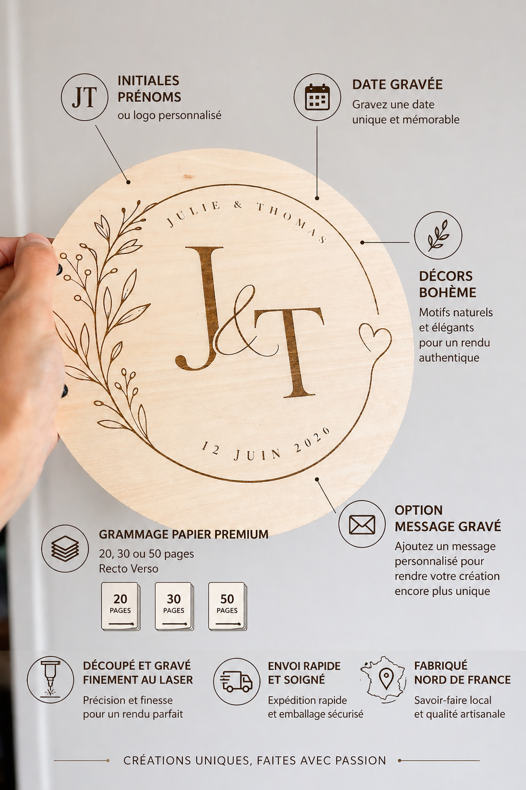 tout est personnalisable : livre d'or en bois gravé avec les initiales, les prénoms des mariés et la date du mariage. le livre d'or personnalisé est rond est relié par une cordelette.