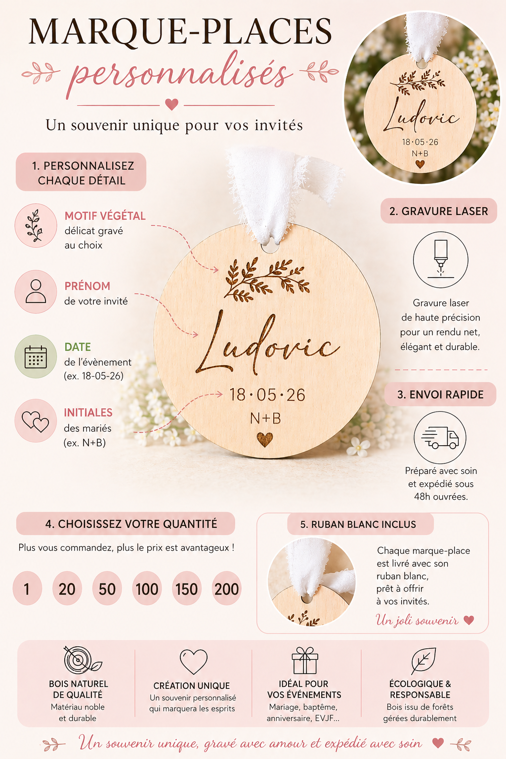 Marque place mariage bois personnalisé avec ruban – Prénom invité, date & initiales