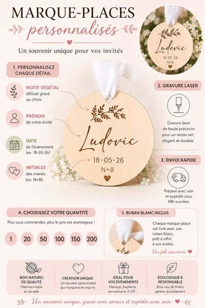Marque place mariage bois personnalisé avec ruban – Prénom invité, date & initiales