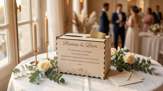 urne en bois personnalisée pour le mariage d'Hanna & Léon avec un message personnalisé gravé dessus "deux destinations, un seul voyage. a vous de choisir la nôtre. déposez votre enveloppe du côté de votre coup de coeur, celle qui réunira le plus d'amour sera notre lune de miel. merci", urne posée sur une table ronde habillée d'une nappe en lin crème, de roses et d'eucalyptus et de 2 bougies. à droite une fenêtre et dans le fon une scène de réception de mariage