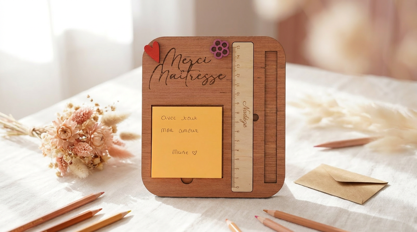 Cadeau maîtresse bois gravé personnalisé - organiseur bureau règle prénom fabriqué en France