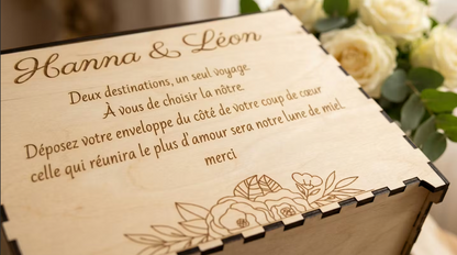 détail de l'urne en bois personnalisée pour le mariage d'Hanna & Léon avec un message personnalisé gravé dessus "deux destinations, un seul voyage. a vous de choisir la nôtre. déposez votre enveloppe du côté de votre coup de coeur, celle qui réunira le plus d'amour sera notre lune de miel. merci", urne posée prêt d'un bouquet de roses blanches
