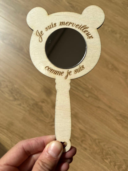 Miroir mantra en bois personnalisé, cadeau self-love enfant avec prénom gravé, Chou Rose (visuel 3)