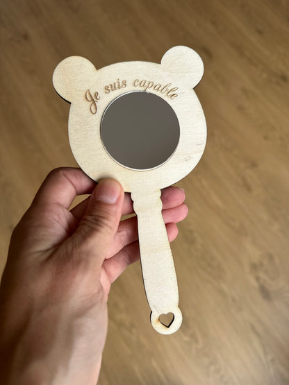 Miroir mantra en bois personnalisé, cadeau self-love enfant avec prénom gravé, Chou Rose (visuel 4)