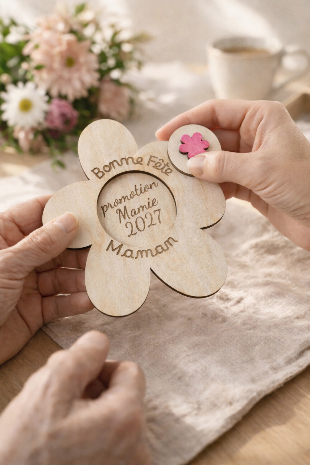 annonce grossesse à sa maman pour la fête des mères : "bonne fête maman, promotion Mamie 2027" en forme de fleur en bois. Une main un peu ridée tien le côté gauche de la cart en bois et une main lus jeune tien le côté droit. le fond est une table avec une nappe en lin et une tasse de café au lait en arrière plan. On aperçoit également un bouquet de fleurs