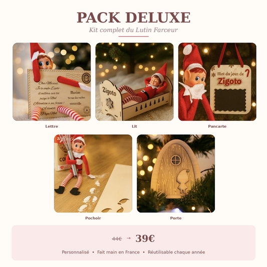 accessoires lutins farceurs : une image avec un lutin dans une carte en bois gravé, bras et jambes dans les trous, une photo avec un lutin allongé dans un lit en bois gravé à son nom , une photo d'un lutin face un panneau et son ardoise avec son prénom zygoto, une photo d'un lutin avec un fouet à pâtisserie à côté de ses empreintes de pas blanches et un pochoir et une image de porte en bois féérique avec la silhouette d'un lutin : pack à 39 euros au lieu de 44euros
