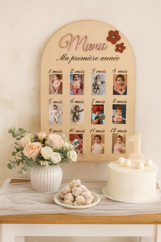 Panneau 1ère année bébé personnalisé en bois – Souvenir naissance & décoration anniversaire 1 an – Idée cadeau naissance unique