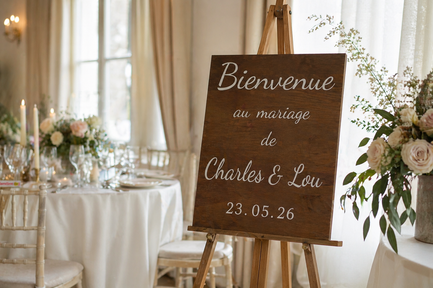 panneau de bienvenue de mariage en bois pour accueillir les invités avec fleurs fraîches et mentionnés personnalisées "Bienvenue au mariage de Charles & Lou" "23.05.26", le panneau repose sur un support en bois et est placé dans la salle de réception d'un mariage, on aperçoit en arrière plan une table dressée et fleuris décorée de bougeoirs