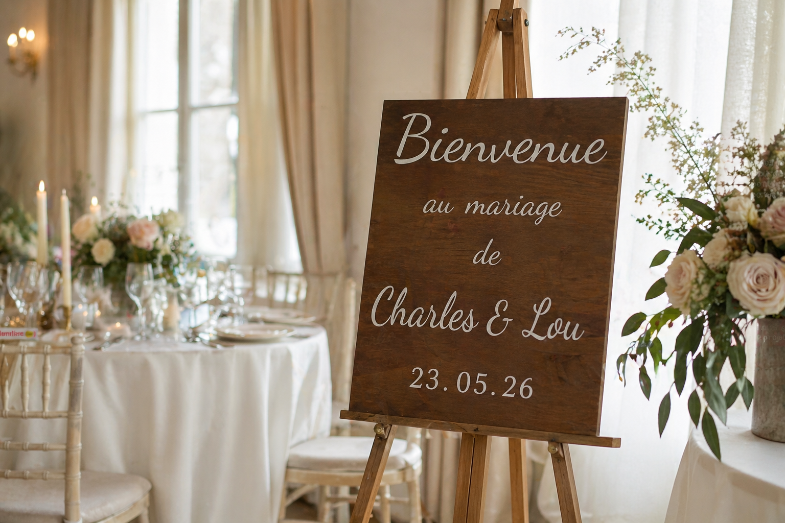 panneau de bienvenue de mariage en bois pour accueillir les invités avec fleurs fraîches et mentionnés personnalisées "Bienvenue au mariage de Charles & Lou" "23.05.26", le panneau repose sur un support en bois et est placé dans la salle de réception d'un mariage, on aperçoit en arrière plan une table dressée et fleuris décorée de bougeoirs
