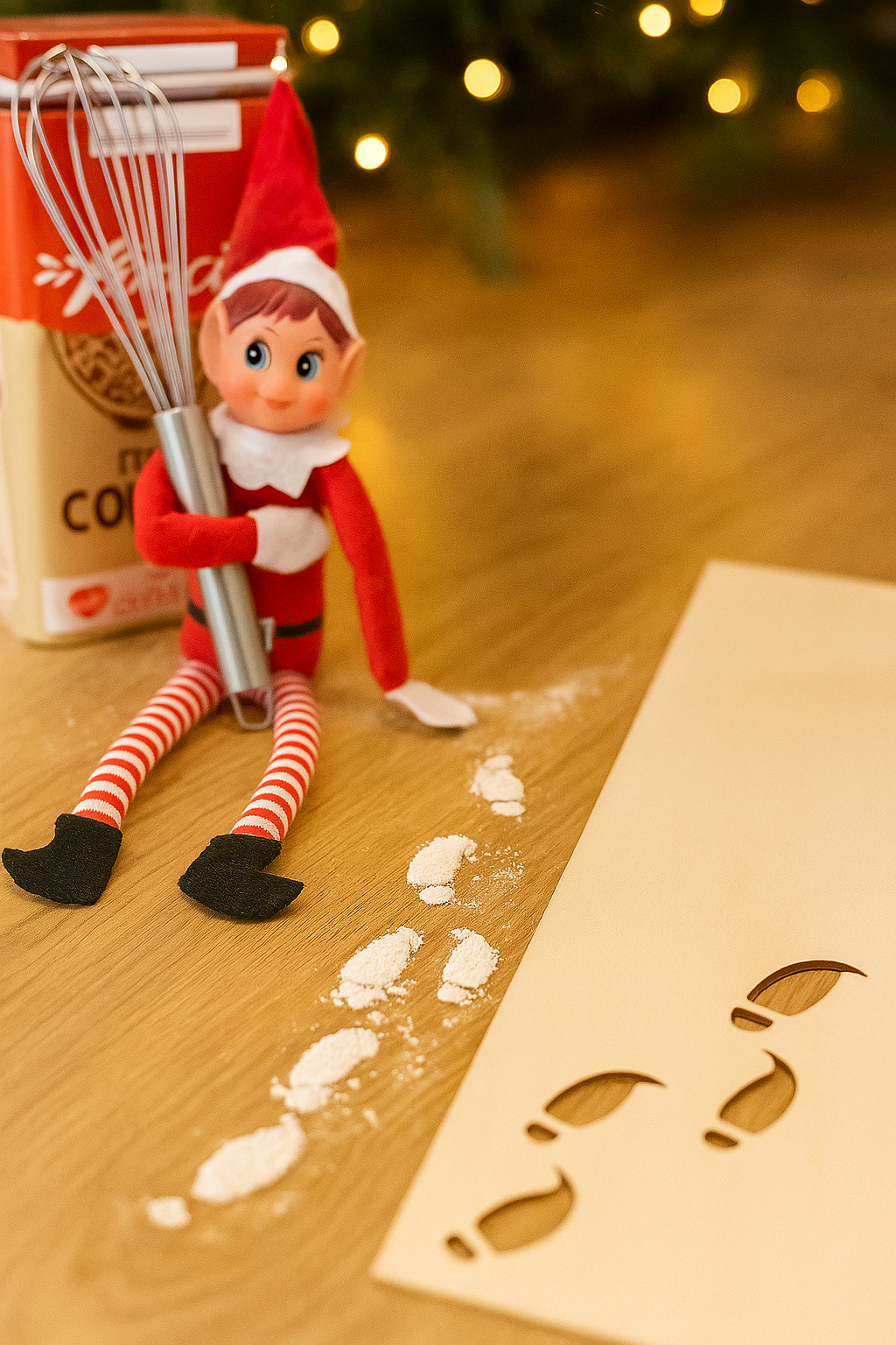 Lutin farceur de Noël assis avec un fouet de cuisine, à côté d’un pochoir en bois laissant des traces de pas dans la farine.