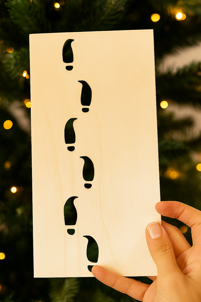 Pochoir en bois pour créer des traces de pas de lutin, tenu en main devant un sapin de Noël lumineux.