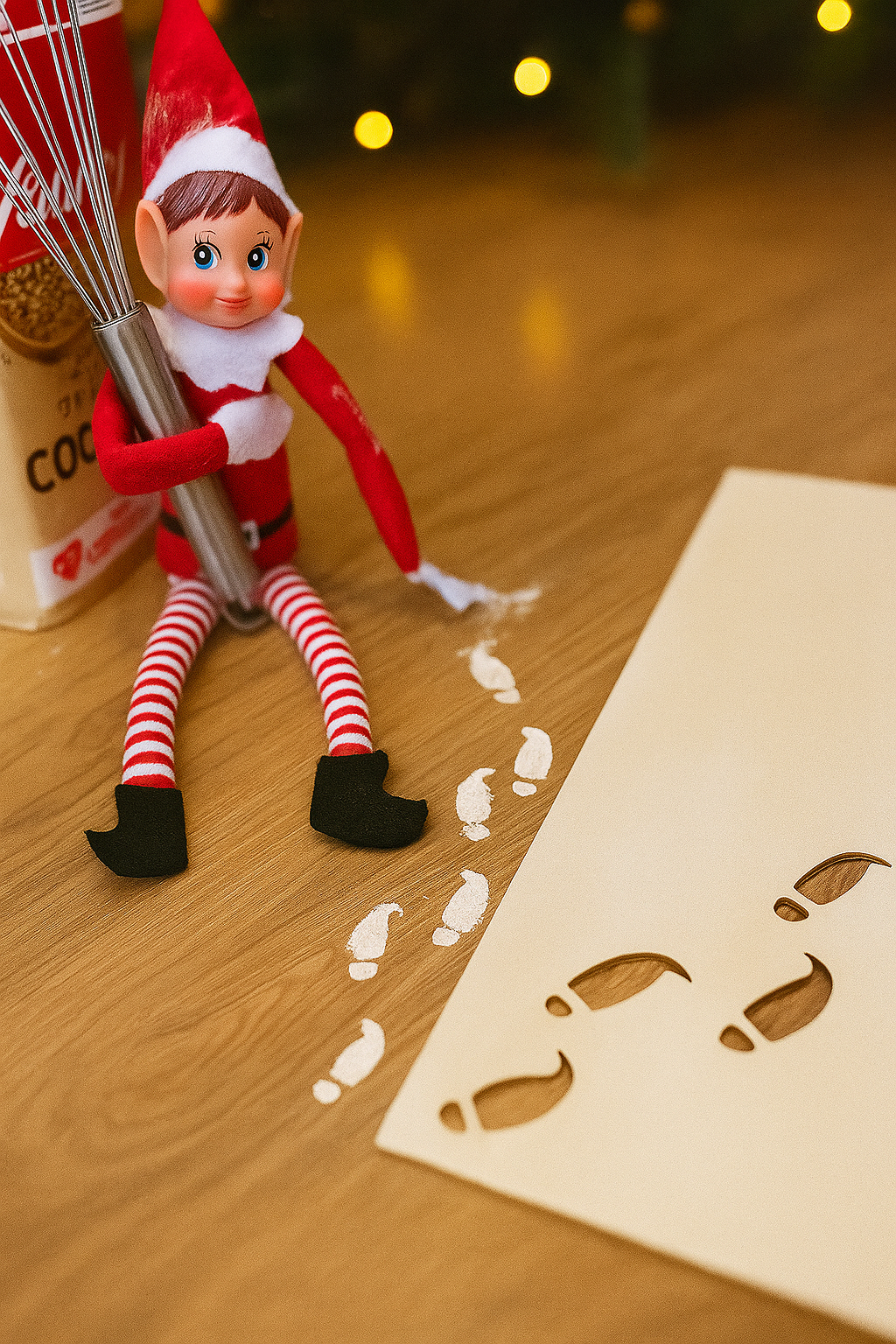 Lutin farceur assis avec un fouet, à côté d’un pochoir en bois laissant de petites traces de pas dans la farine.