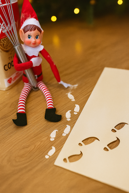 Lutin farceur assis avec un fouet, à côté d’un pochoir en bois laissant de petites traces de pas dans la farine.