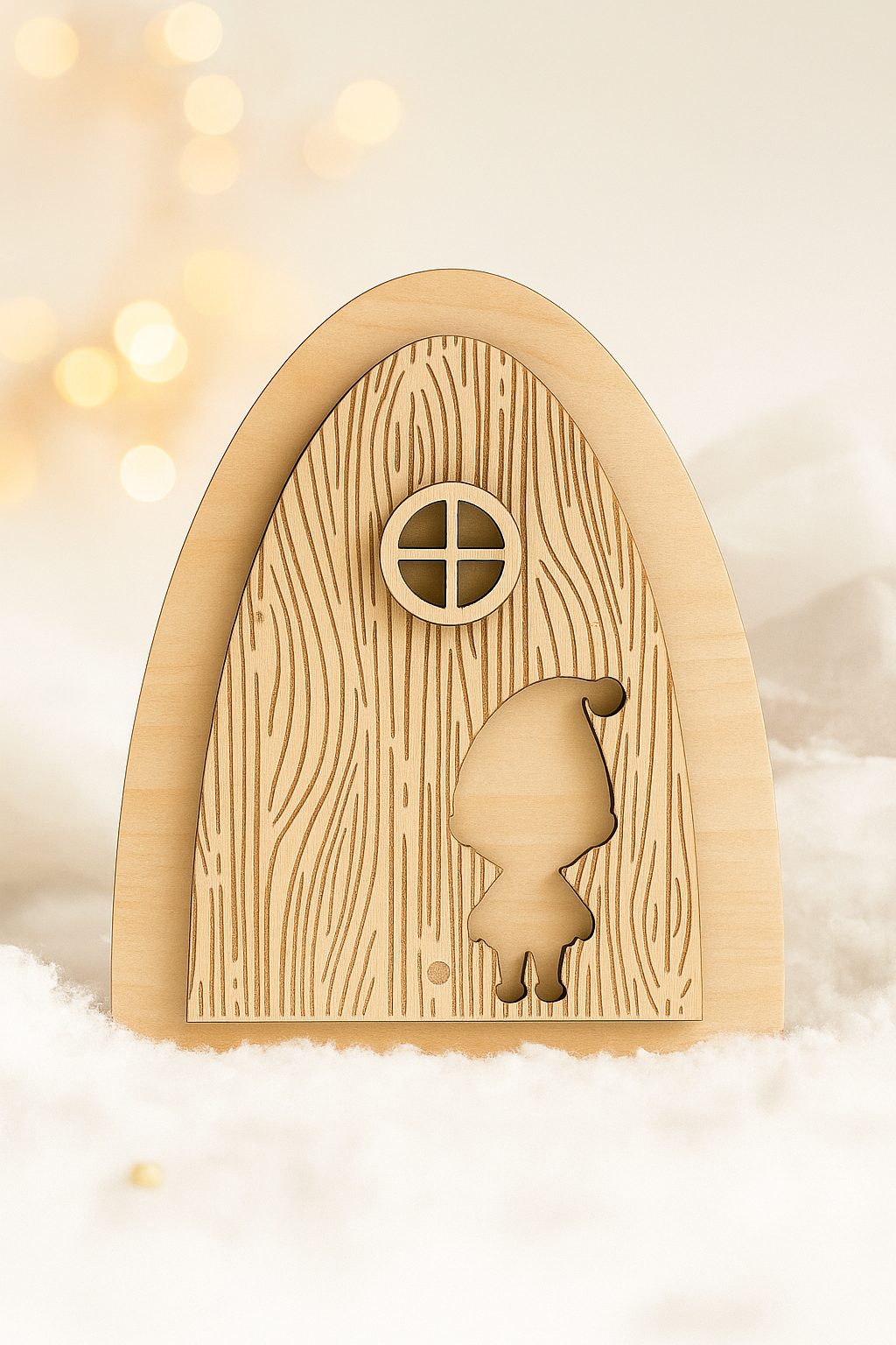 Porte du lutin farceur en bois posée sur un lit de neige blanche, fond lumineux et féerique — création artisanale en bois naturel gravé, fabrication française Chou Rose.
