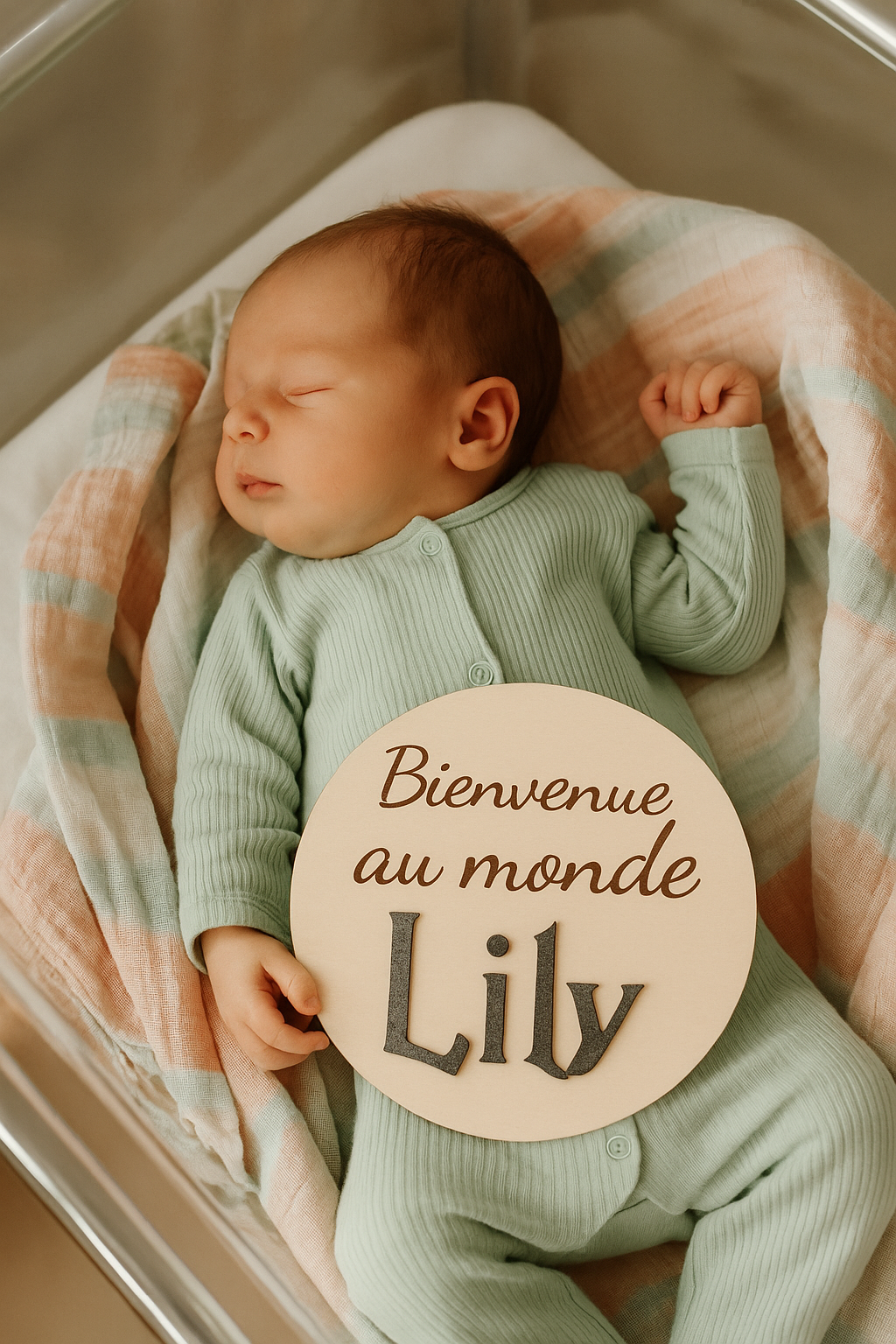 BÉBÉ DANS UN BERCEAU DE MATERNITÉ AVEC SA CARTE ANNONCE NAISSANC EPOUR SA PREMIERE PHOTO