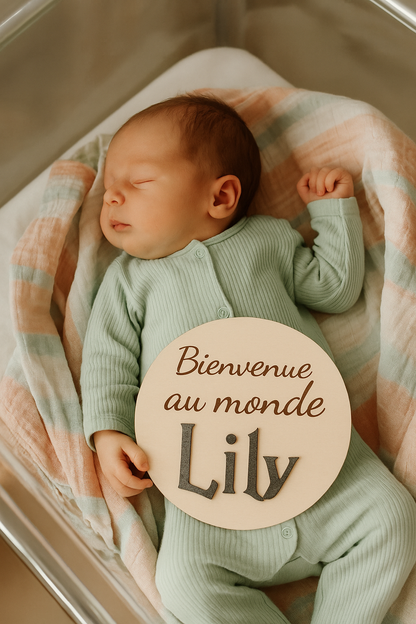 BÉBÉ DANS UN BERCEAU DE MATERNITÉ AVEC SA CARTE ANNONCE NAISSANC EPOUR SA PREMIERE PHOTO