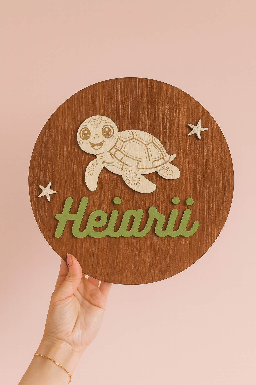 Disque prénom personnalisé – Tortue et étoiles de mer