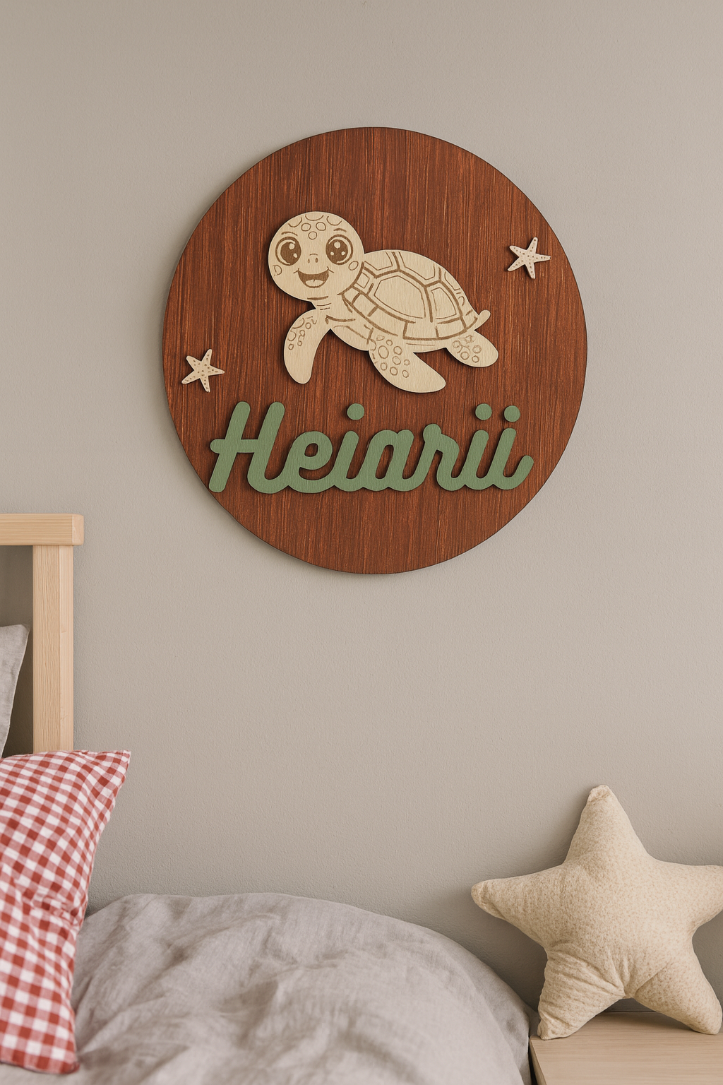 Disque prénom personnalisé – Tortue et étoiles de mer