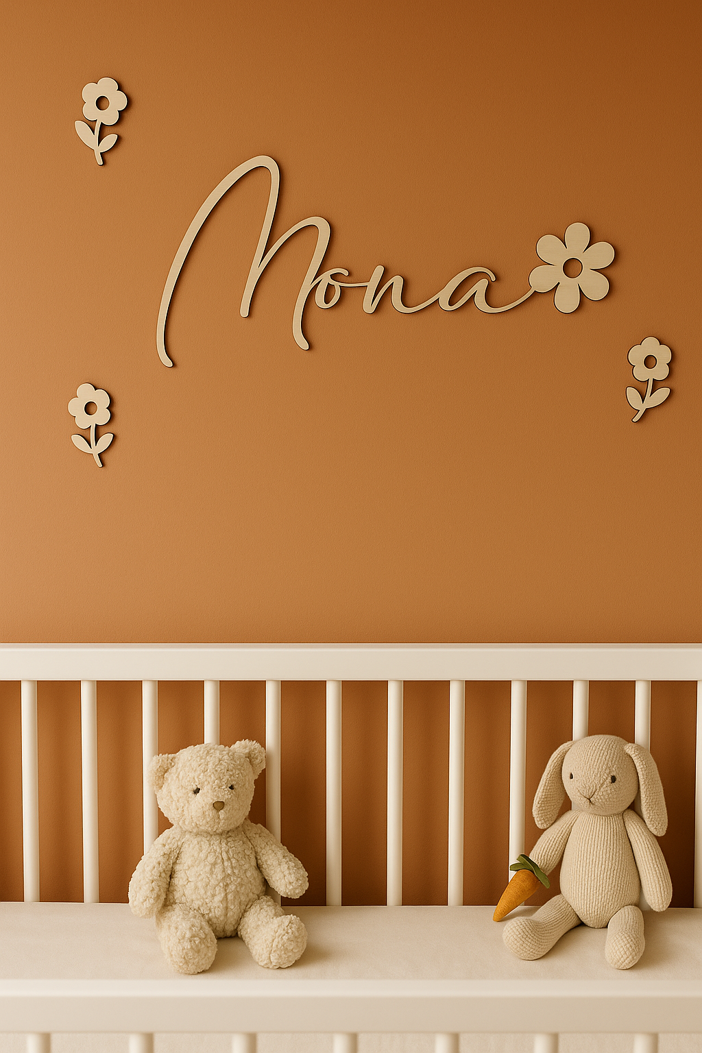 prénom en bois personnalisé avec motifs fleurs longueur 55 cm
