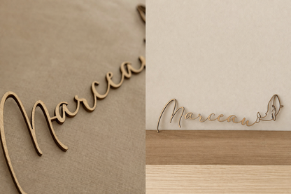 détails du prénom en bois découpé au laser se terminant par une baleine, 