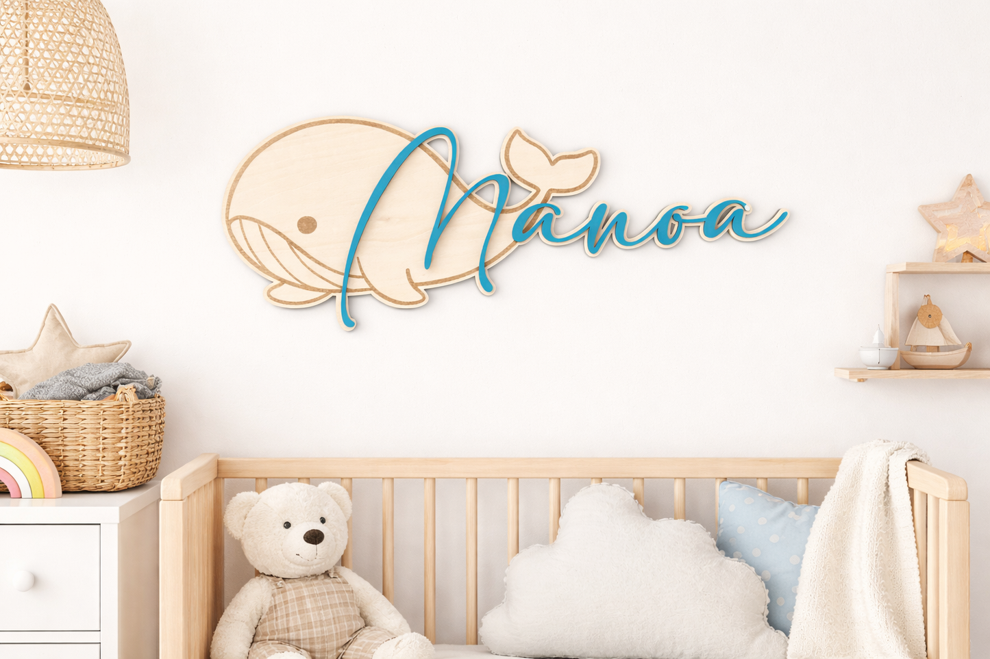 Prénom en bois personnalisé avec baleine – Décoration murale chambre bébé