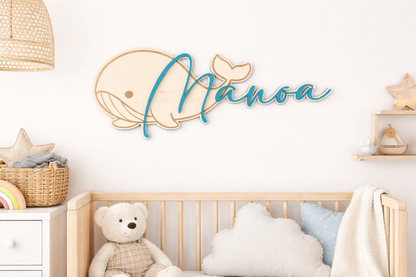 Prénom en bois personnalisé avec baleine – Décoration murale chambre bébé