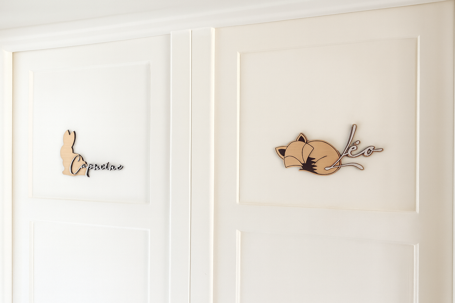 Prénom en bois personnalisé – Silhouette lapin | Décoration murale chambre bébé
Aaccroché sur une porte "Capucine" dix en 3 d sur le lapin et, à côté, "Léo" fixé sur le renard