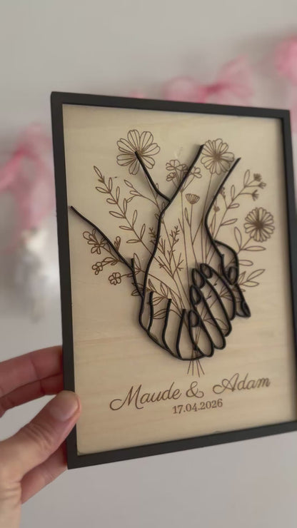 Tableau souvenir mariage gravé en bois avec prénoms & date : cadeau couple