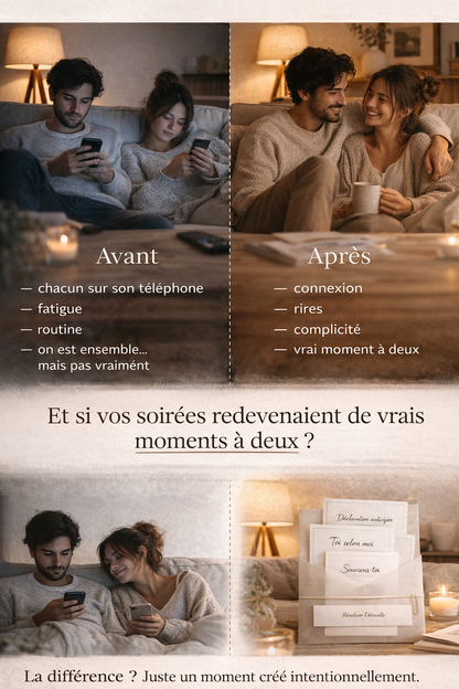 avant après couple soirée à la maison, passer du téléphone à un moment de connexion et complicité grâce à une activité couple à imprimer