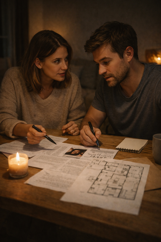 un couple essaye de résoudre un mystère : ils ont des pdf imprimés pour passer une soirée en amoureux, 